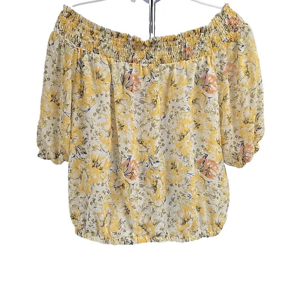 Joie Womens Blouse White Yellow Floral Half Sleeve Smocked Off Shoulder Size M